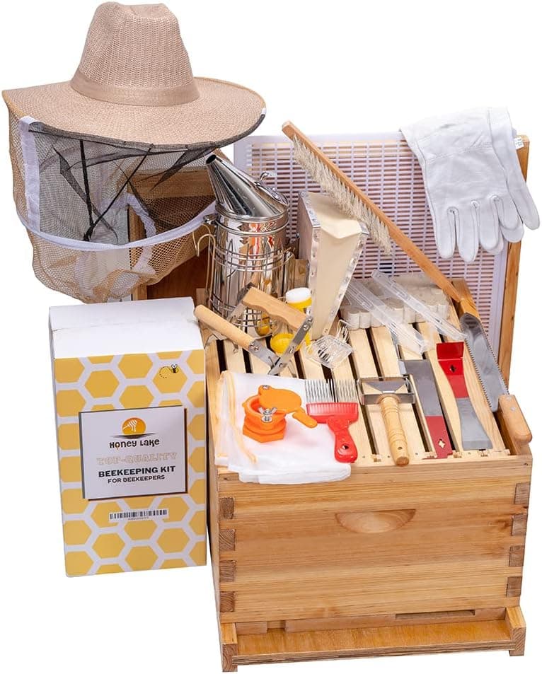 Honey Lake 10 Frame Beehive Starter Kit and Beekeeping Supplies Tool Kit, Beeswax Coated Assembled Bee Box with Smoker and 360-Degree Beekeeping Hat with Veil