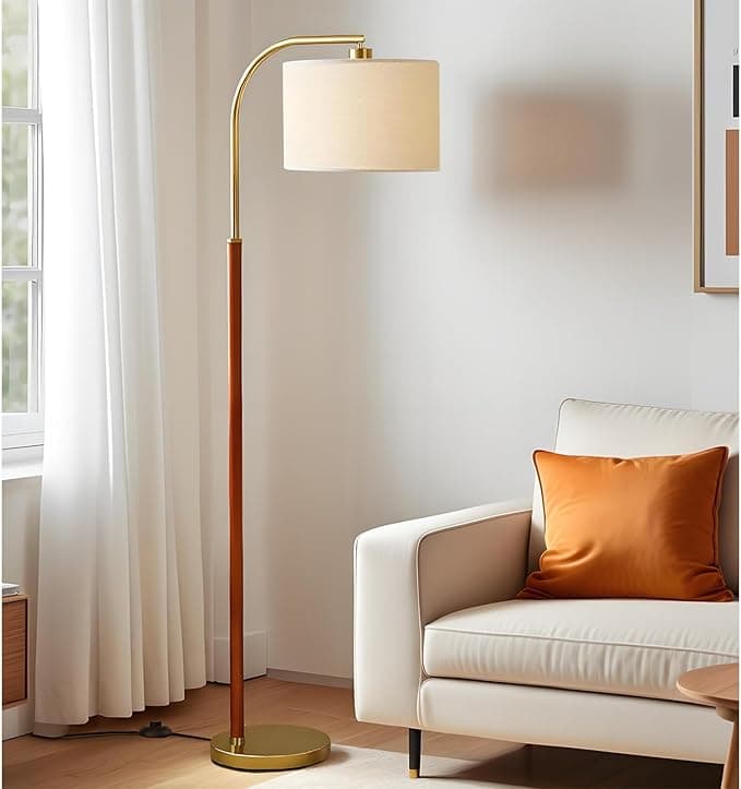 FINNCHY 66″ Walnut Gold Arc Floor Lamp — 3-Level Brightness with Remote