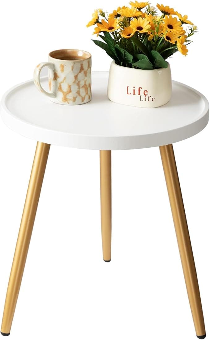 Danpinera Small Round Side Table with Wooden Tray & Metal Legs — Gold Accent