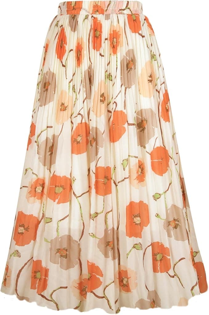 OBBUE Women's Chiffon Pleated Midi Skirt — Elastic High Waist, A-Line, Casual Party