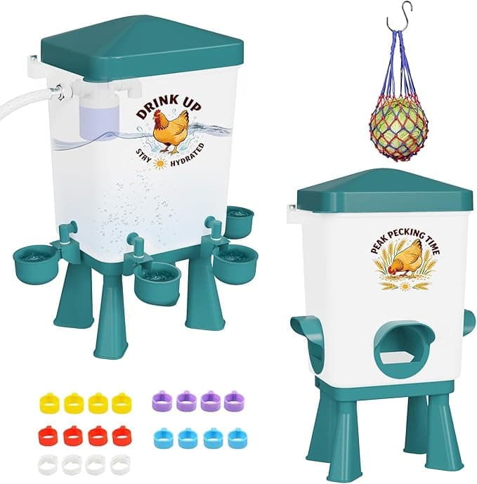 Chicken Feeder and Waterer Set — No-Waste Hanging Poultry Feeder with 3-Gallon Waterer