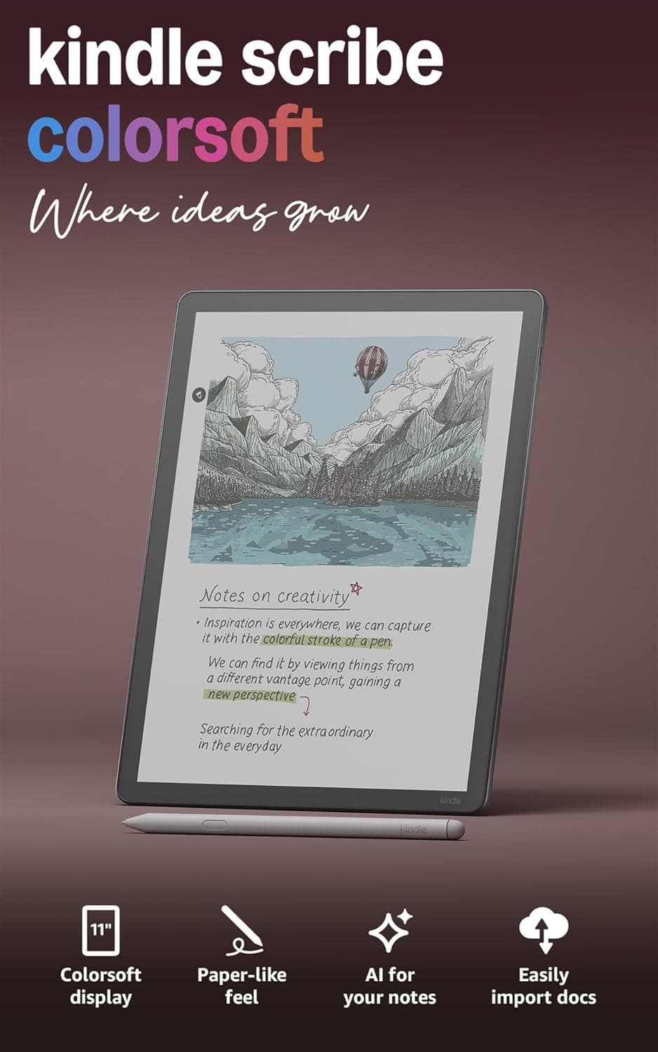 Amazon Kindle Scribe Colorsoft 32GB (newest model), paper-like color display with front light, thin, light, powerful, write in notebooks and documents. Includes Premium Pen - Graphite