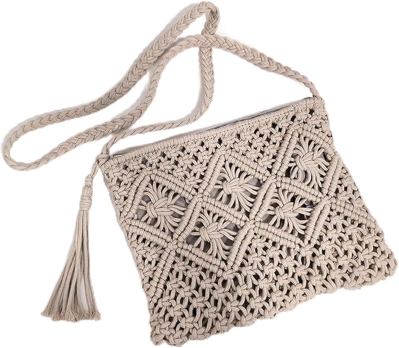 Eiyye Handmade Crochet Boho Cotton Rope Crossbody Shoulder Bag with Tassel