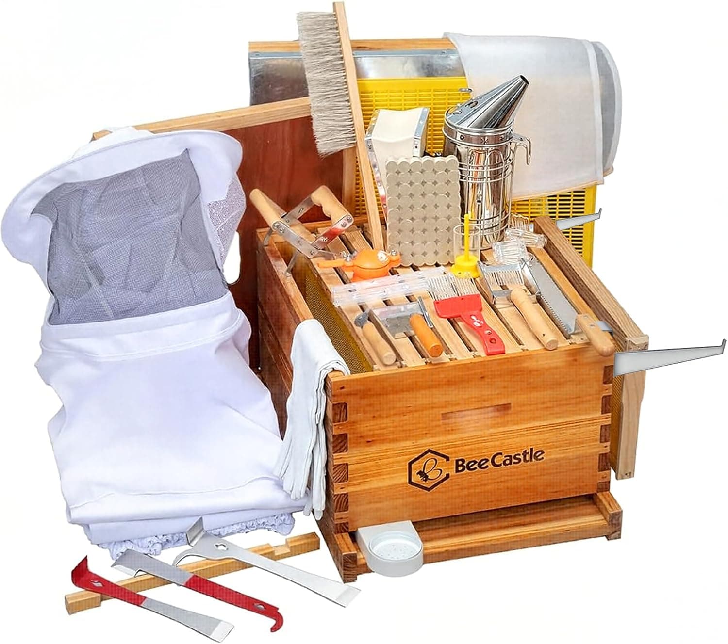 BeeCastle 10-Frame Bee Hives and Supplies Starter Kit, Beehive Dipped in 100% Beeswax, All-Beginners Kit with Bee Suit and Tool Set