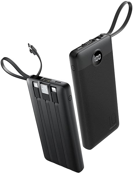 10000mAh Portable Charger with Built-In Cables