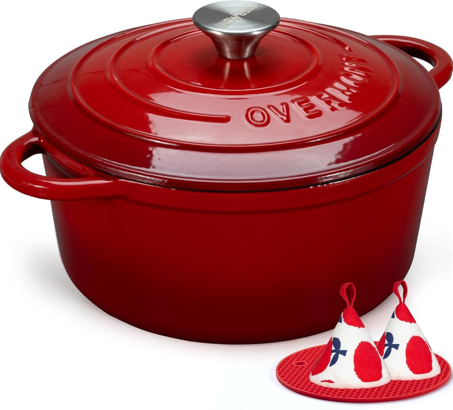 Overmont 5.5QT Enameled Cast Iron Dutch Oven with Lid, Cookbook & Potholders
