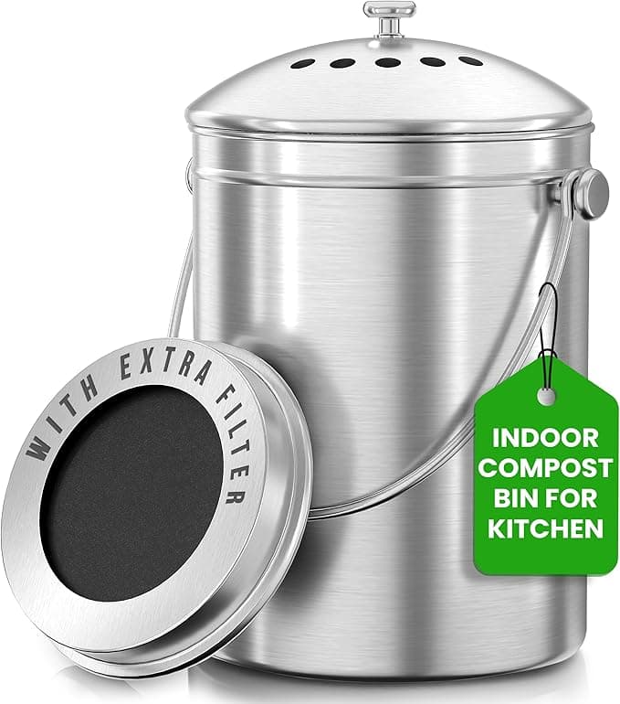 Utopia Kitchen Countertop Compost Bin — 1.3 Gallon Stainless Steel with Charcoal Filter