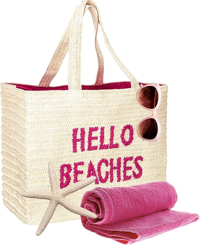 Hello Beaches Packable Straw Beach Tote Bag for Women