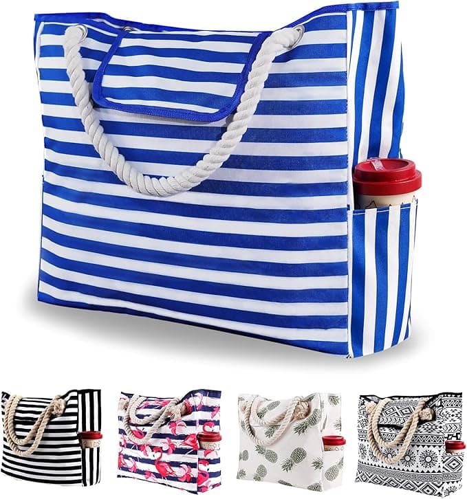 Women Beach Bag Large Waterproof Sandproof, Blue and White Stripes Canvas Pool Tote with Zipper
