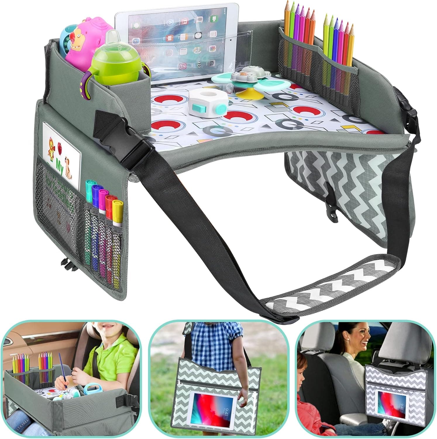 Kids Travel Tray, Car Seat Lap Desk with Dry Erase Board and Storage Pockets