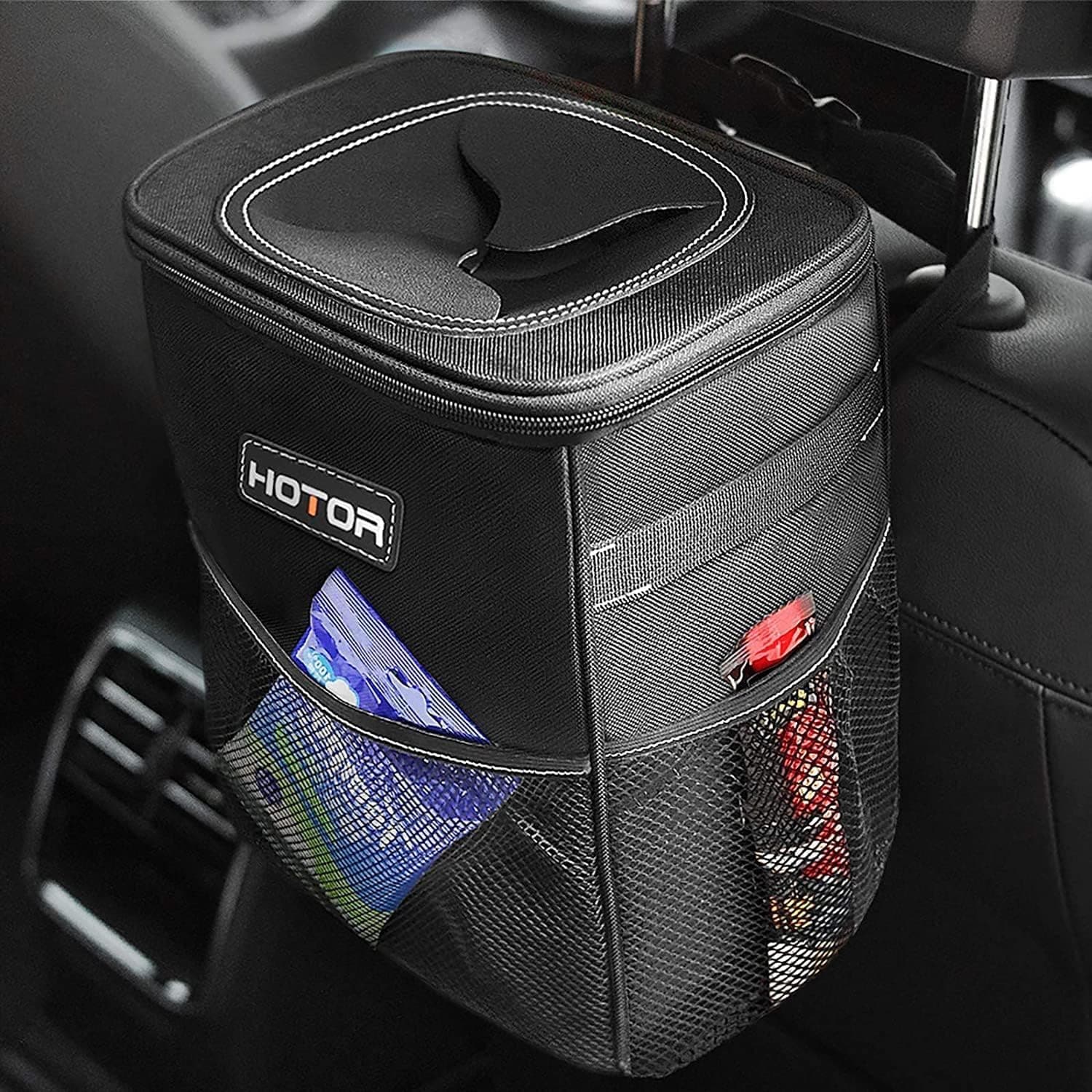 HOTOR Car Trash Can with Lid and Storage Pockets, 100% Leak-Proof, 2 Gallons, Black