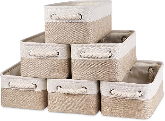 Bidtakay Small Fabric Storage Baskets, 6-Pack Beige Decorative Bins