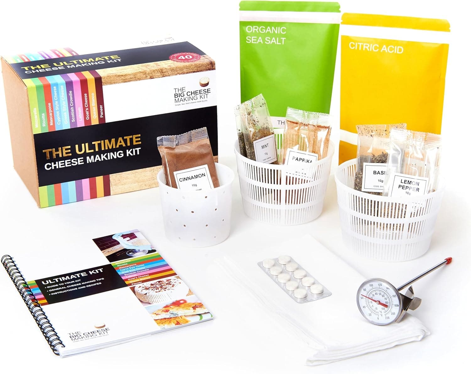 The Big Cheese Ultimate Cheese Making Kit - Makes 10 Cheeses Including Mozzarella, Feta, Ricotta, Halloumi and More - 40 Batches with Thermometer and Cheese Molds