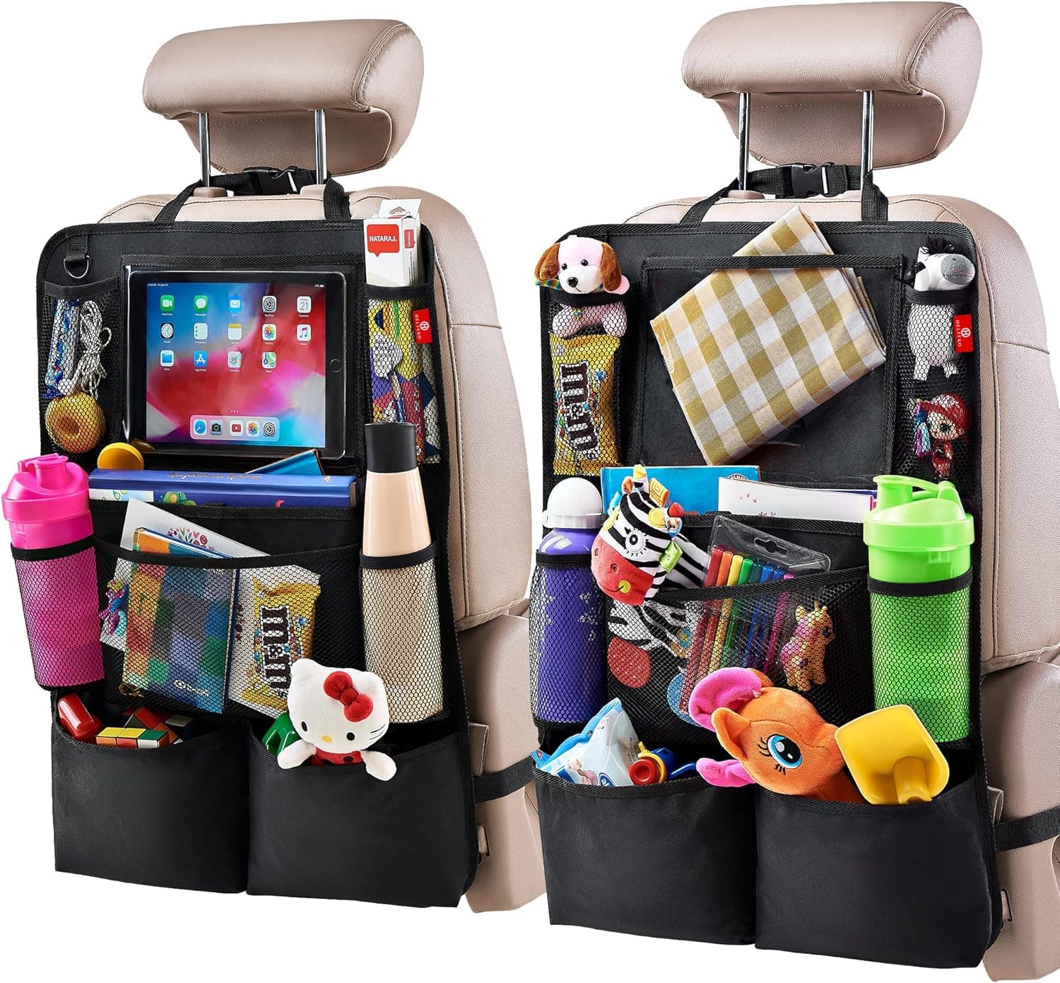 Helteko Backseat Car Organizer, Kick Mats with Tablet Holder, 9 Pockets, 2-Pack, Black