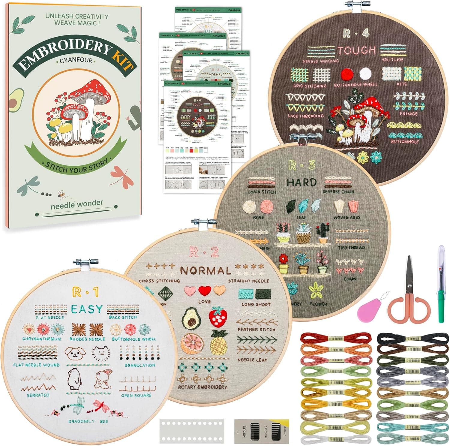 CYANFOUR Embroidery Kit for Beginners, 4 Stages to Learn 38 Stitches