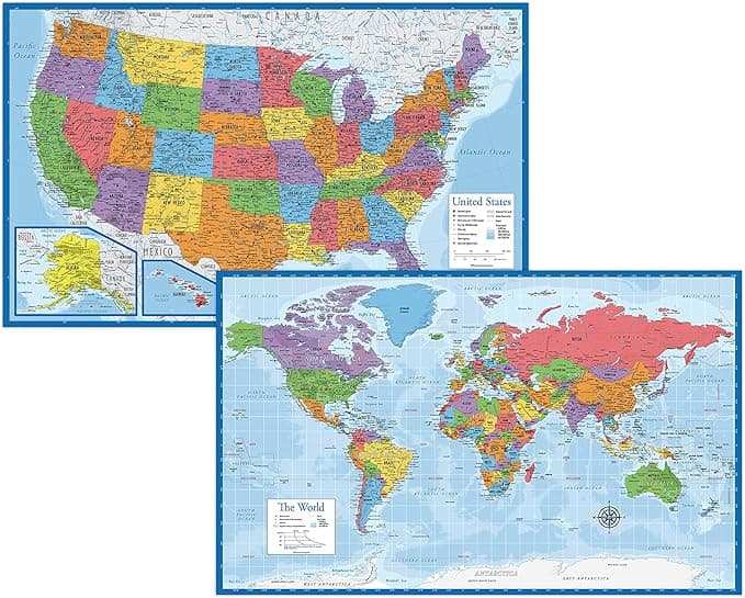 World and US Map Poster Set (Laminated, 18 x 24)