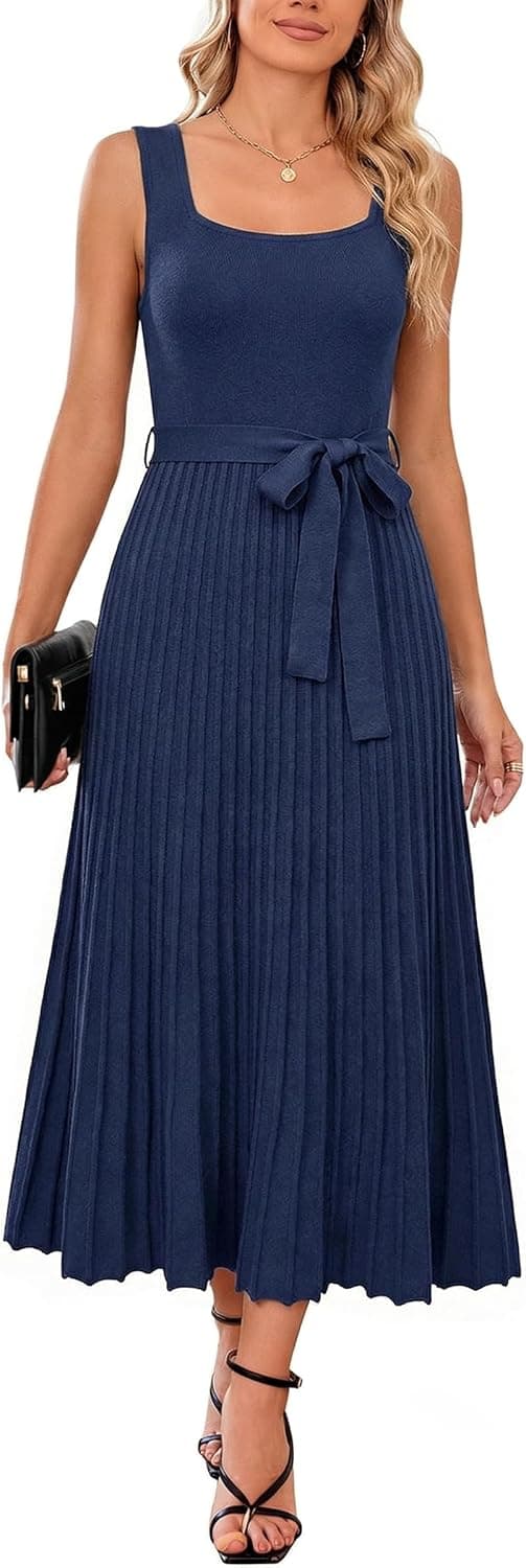 Arach&Cloz Square Neck Tie-Waist Pleated Midi Dress