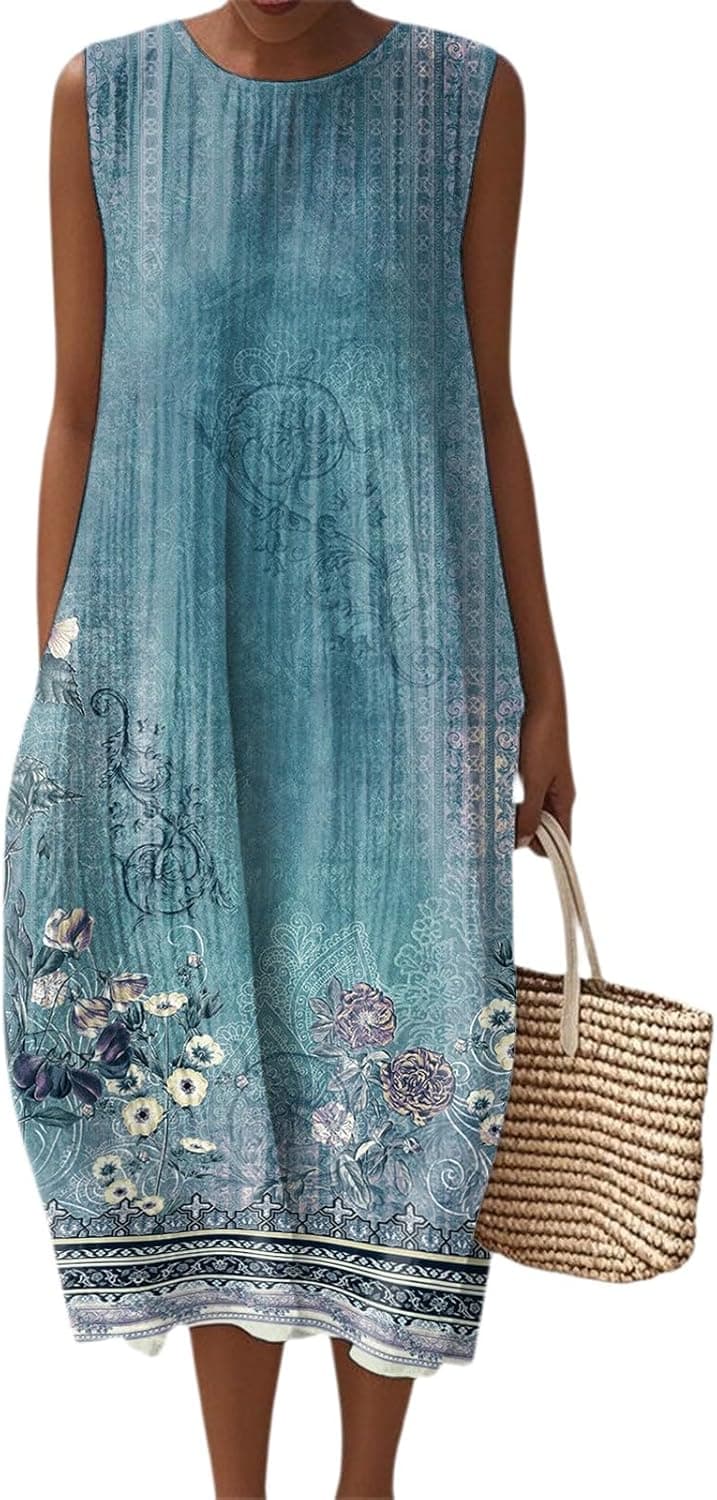 Cotton Linen Sleeveless Crewneck Maxi Dress