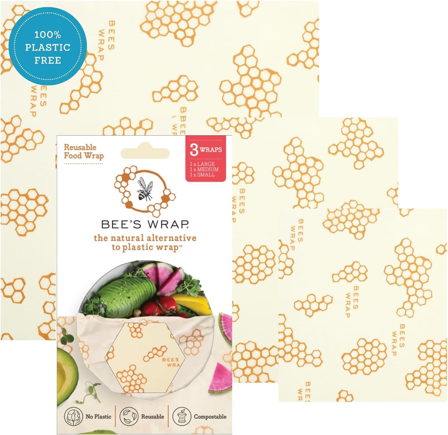 Bee's Wrap Assorted Beeswax Wraps, 3-Pack (Small, Medium, Large)