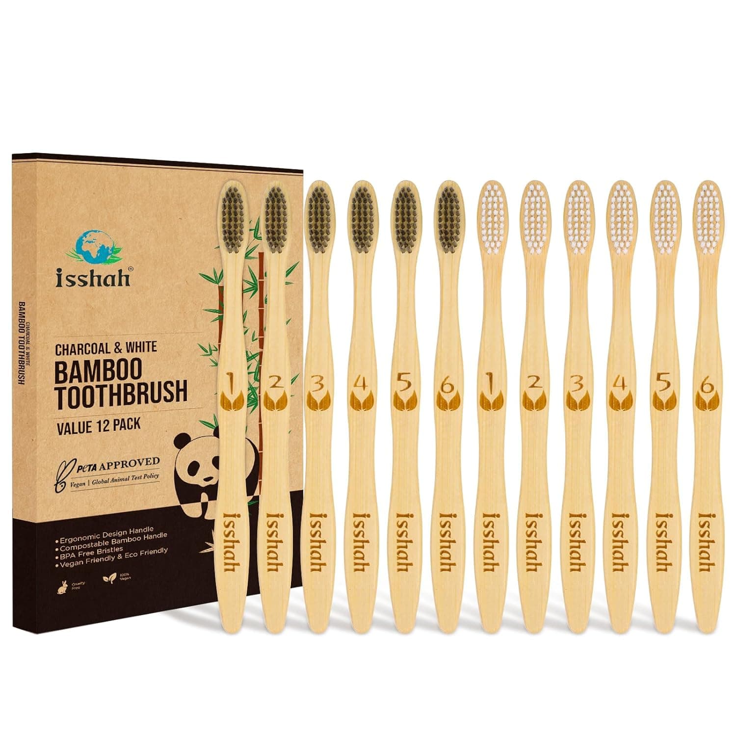 Isshah Biodegradable Bamboo Charcoal Toothbrush, 12 Pack, FSC Certified