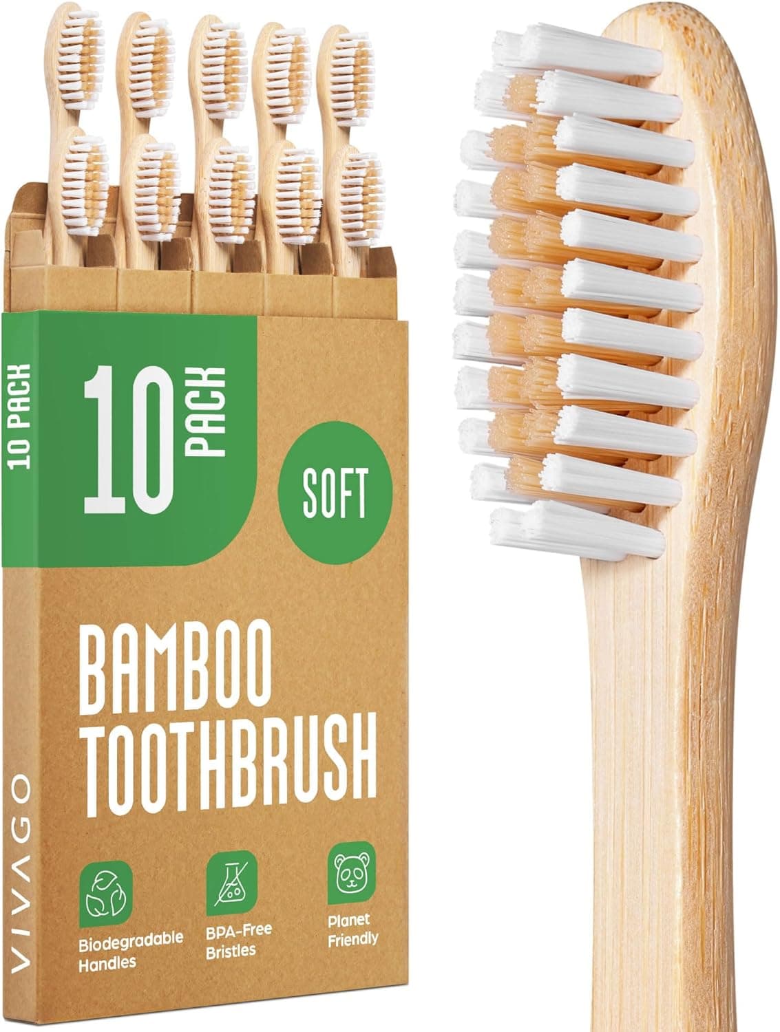 VIVAGO Bamboo Toothbrushes, 10 Pack, BPA-Free Soft Bristles