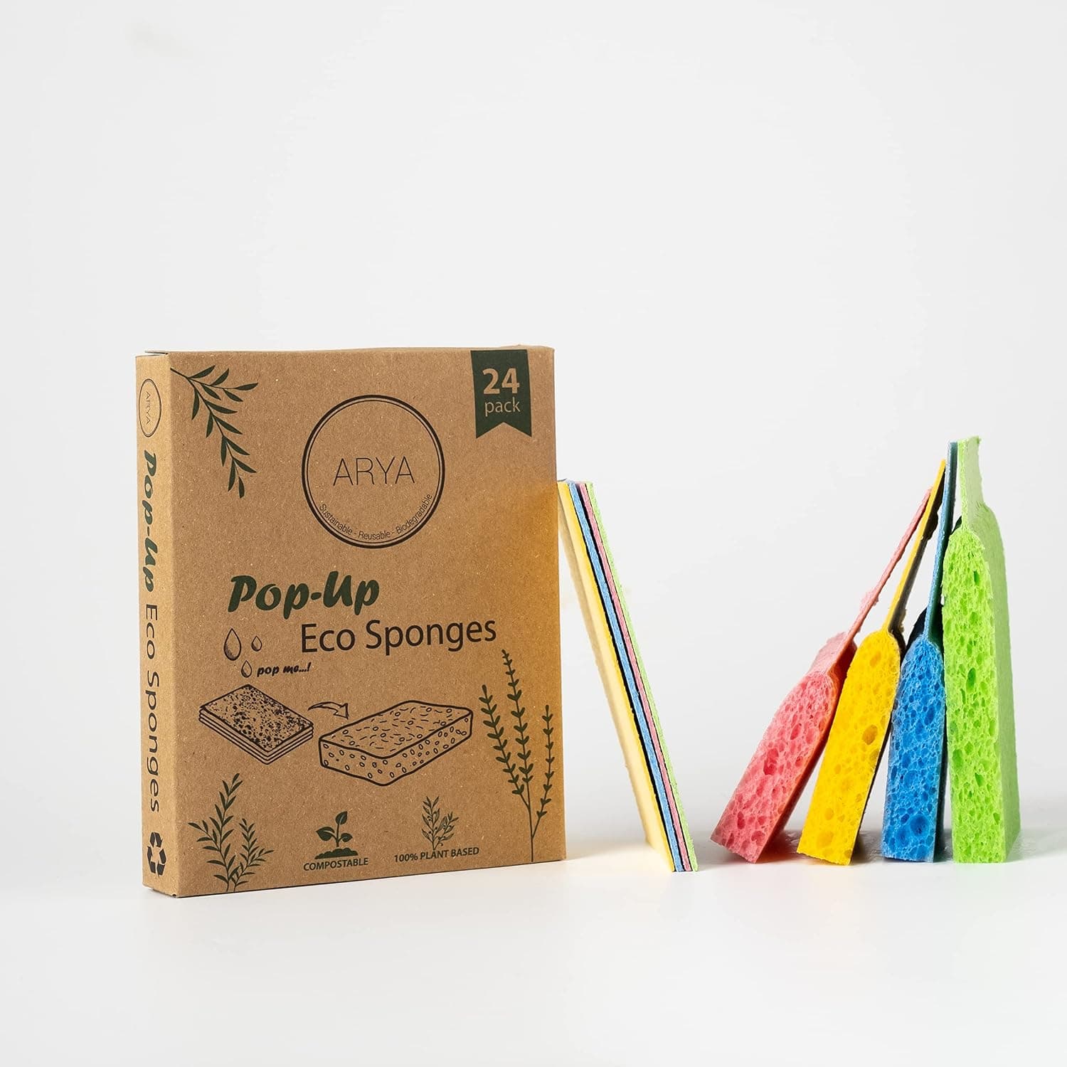 ARYA Pop-Up Eco Sponges, 24 Pack, Natural Cellulose