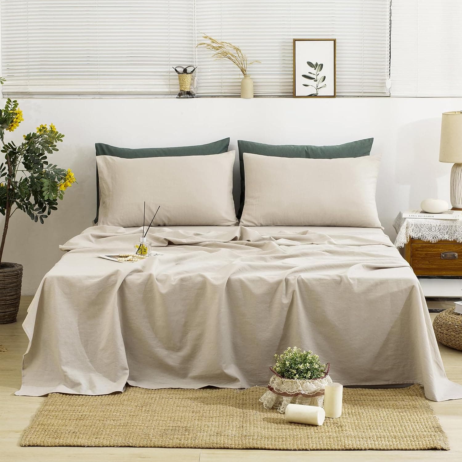 TUMEI 100% French Linen Sheets, Queen Size, 4-Piece