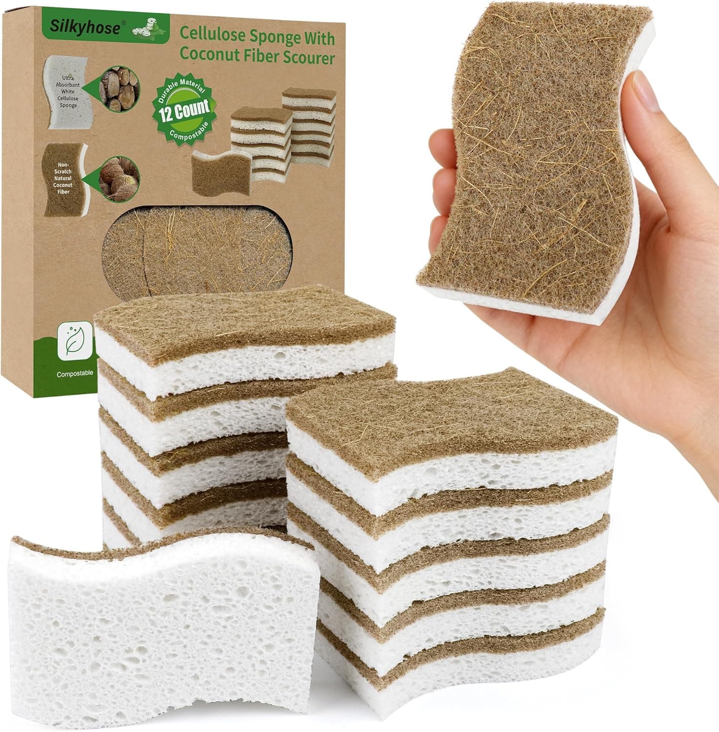 Natural Cellulose & Coconut Fiber Kitchen Sponges, 12-Pack