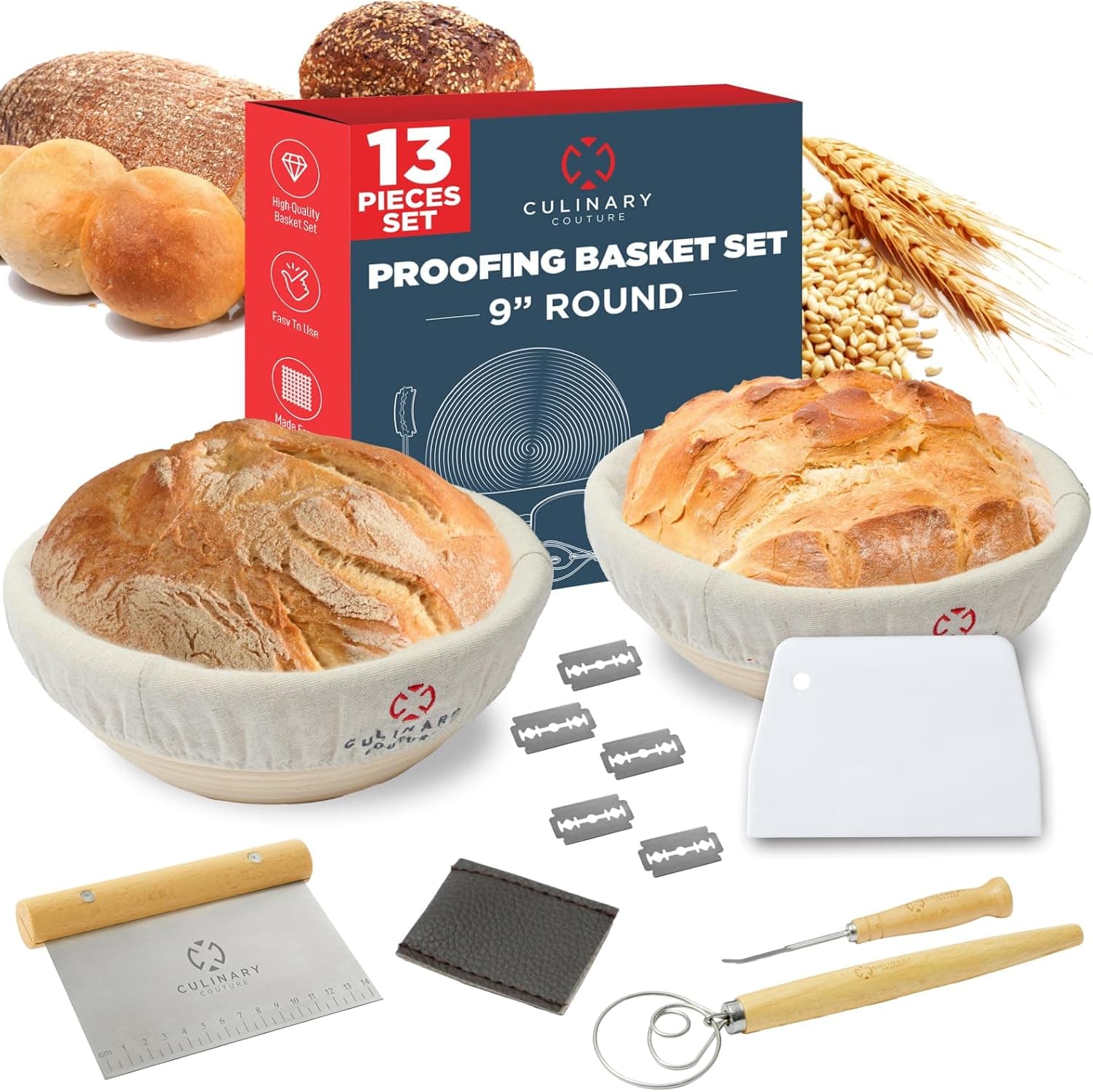 Bread Proofing Basket Set of 2 - Round 9-Inch Sourdough Bread Baking Supplies with Linen Liner, Scrapers, Scoring Lame, Whisk, Banneton Proofing Baskets
