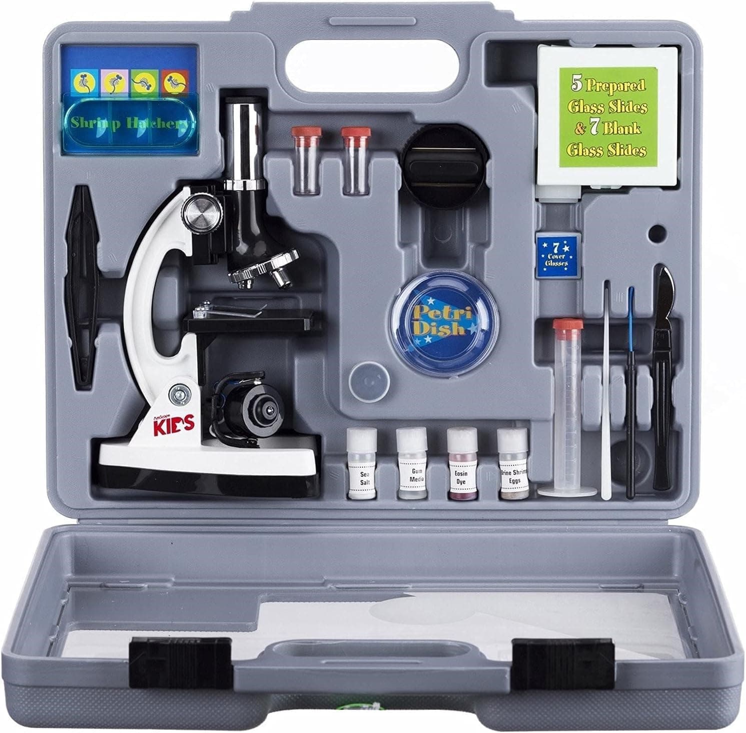 AmScope 120X-1200X 52-pcs Beginner Microscope STEM Kit with Metal Body Microscope, Plastic Slides, LED Light and Carrying Box (M30-ABS-KT2-W)