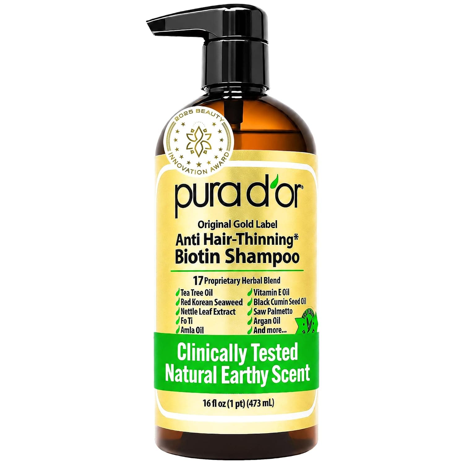 PURA D'OR Original Gold Label Anti-Thinning Shampoo, Clinically Tested, Biotin & Argan Oil, Sulfate-Free Strengthening & Volumizing, 16 oz