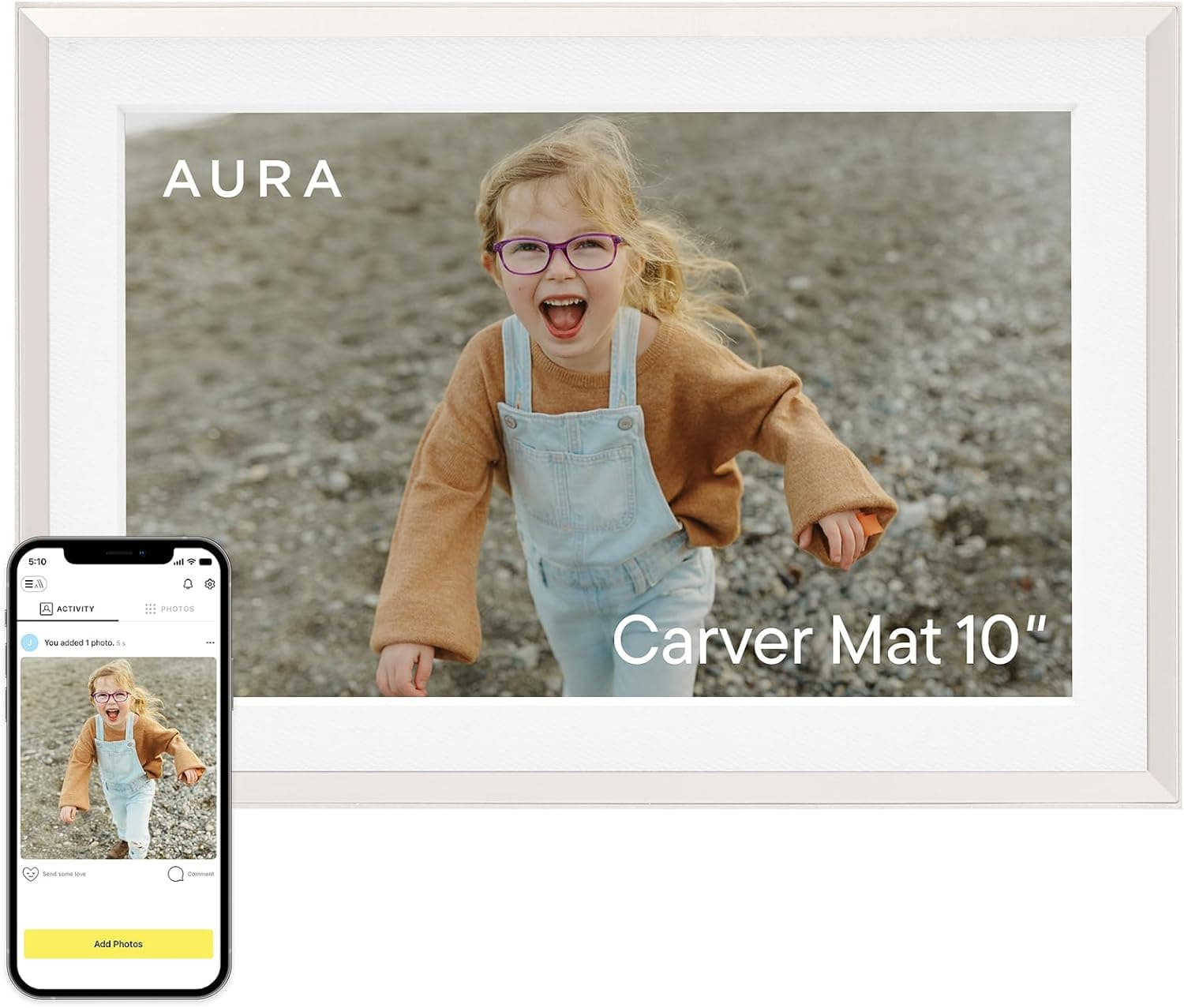 Aura 10 in HD WiFi Digital Picture Frame with Mat, Free Unlimited Cloud Storage, Send Photos from Phone, No Subscription, Auto On/Off, Gift for Parents and Grandparents, Quick 1 Minute Setup