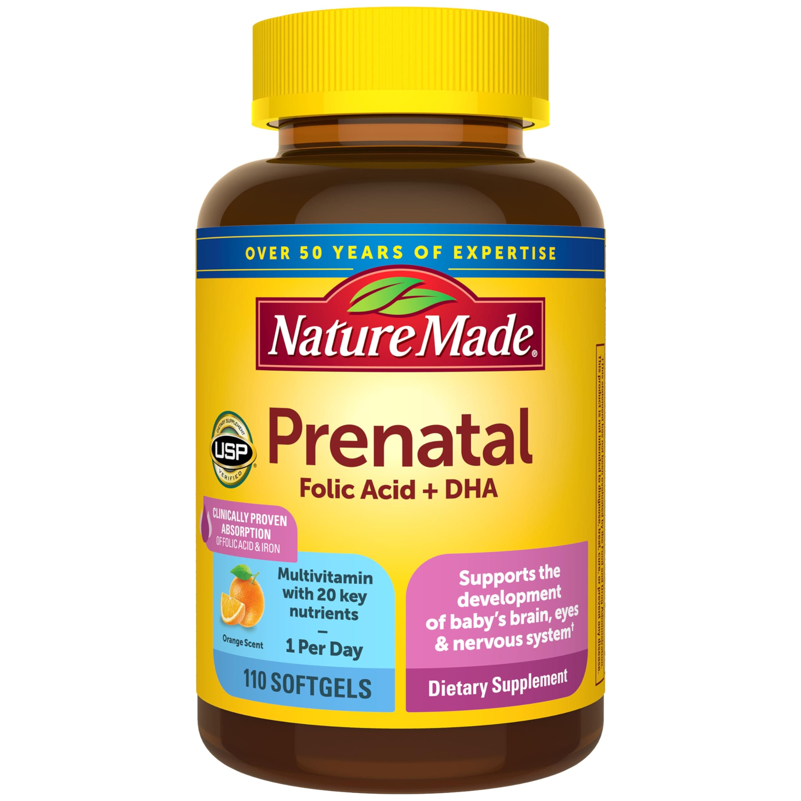 Nature Made Prenatal Vitamins for Women with Folic Acid + DHA, 110 Softgels, 110 Day Supply