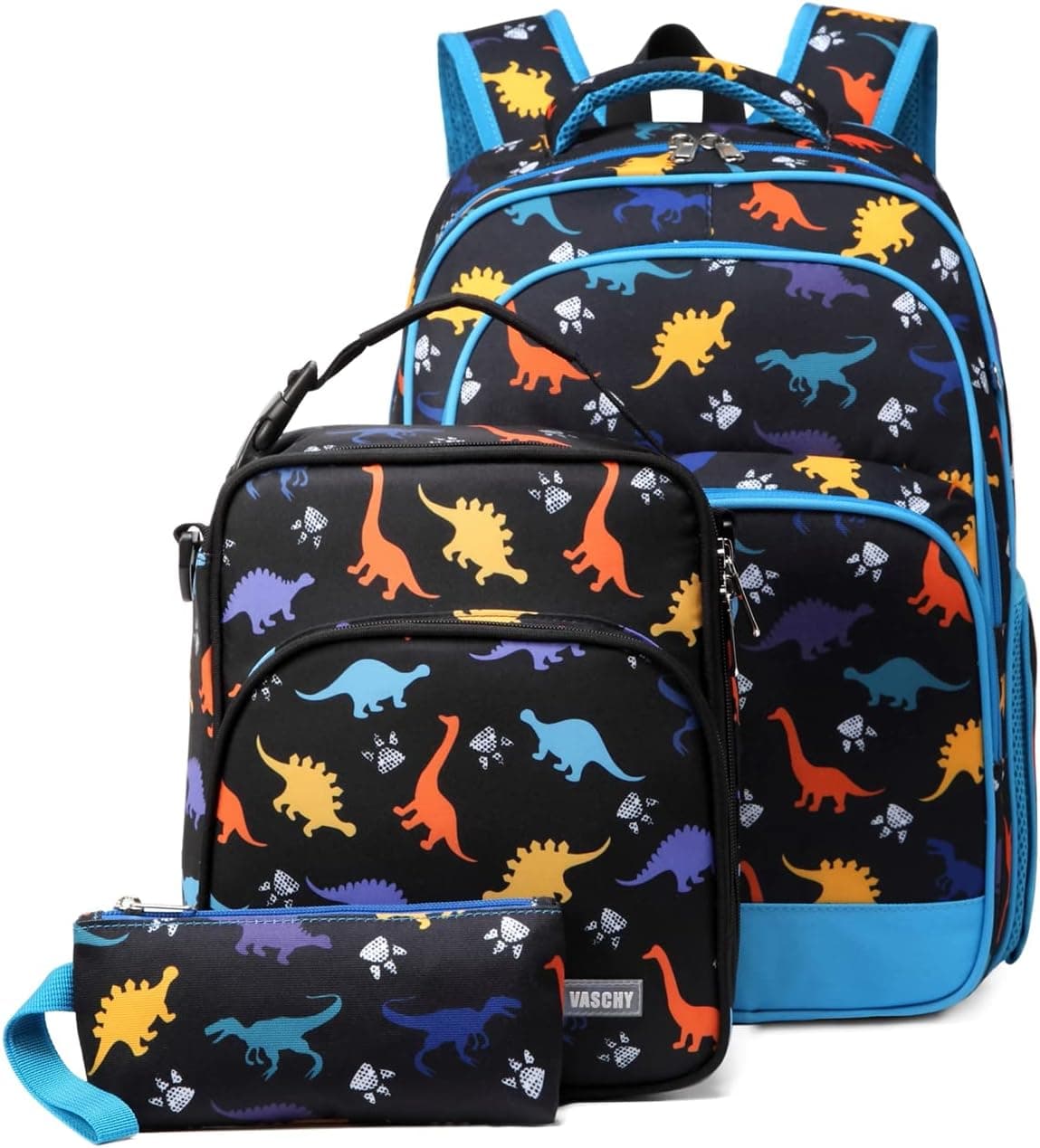 VASCHY Kids School Backpack Lunch Box Bag Pencil Case Combo, Children BookBag Schoolbag Set for Preschool and Elementary School, Black Dinosaurs