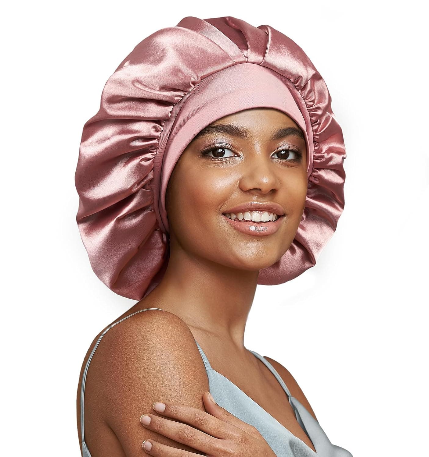 Umisleep 22 Momme 100% Mulberry Silk Lined Bonnet for Sleeping Women, Large Hair Bonnet for Long Curly Hair, Double Layer Hair Wrap with Soft Elastic Band, Non-Slip Sleep Cap, Pink