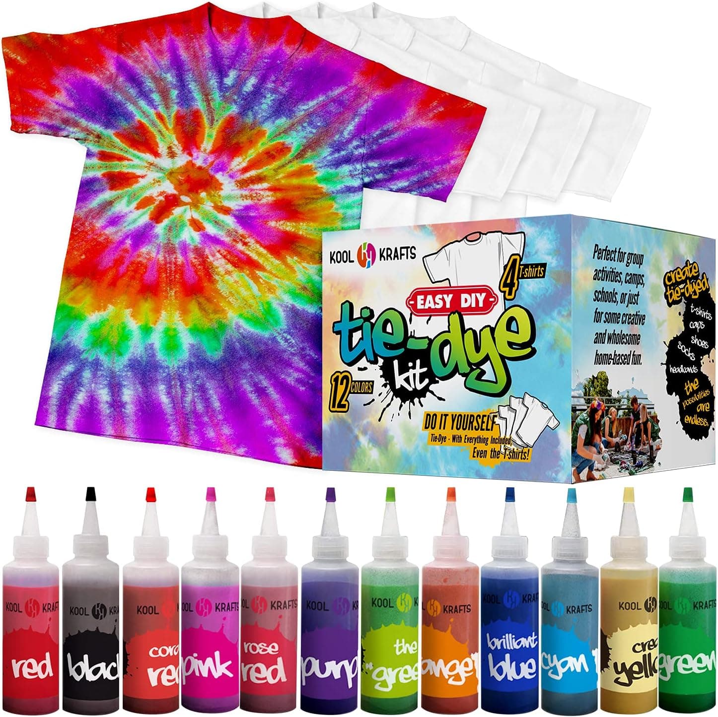 KOOL KRAFTS Tie Dye Kit - 12 Colors + 4 White T-Shirts Included