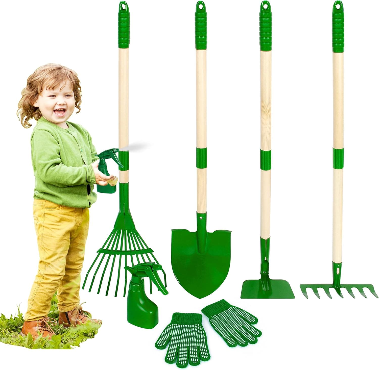 Duckura Kids Gardening Tools Set - 7pcs Garden Tool for Kids with Shovel, Rake, Hoe, Leaf Rake