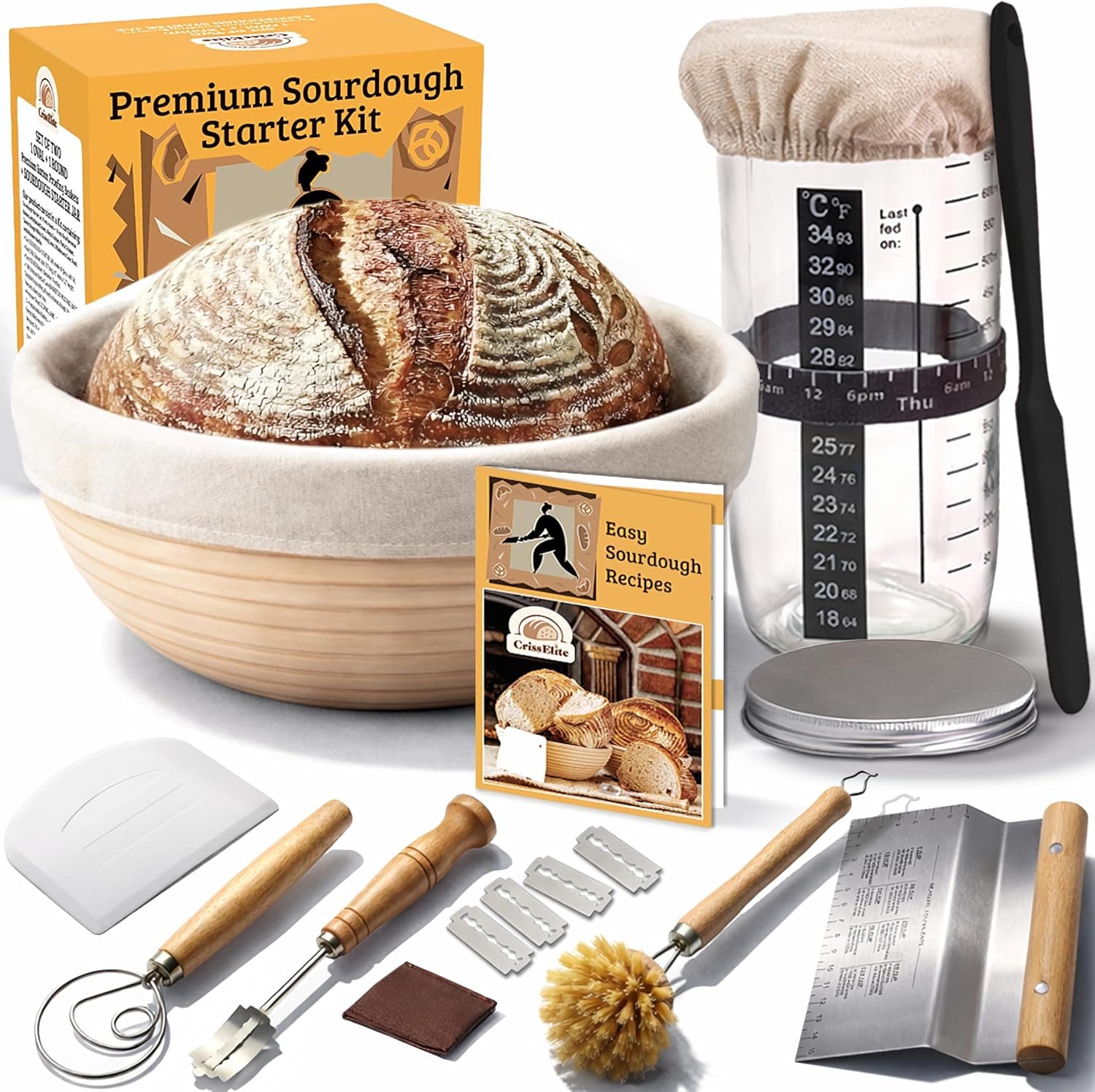 Sourdough Starter Kit for Beginners - 9-Inch Banneton Bread Proofing Basket with 24oz Glass Sourdough Starter Jar and Sourdough Bread Baking Supplies