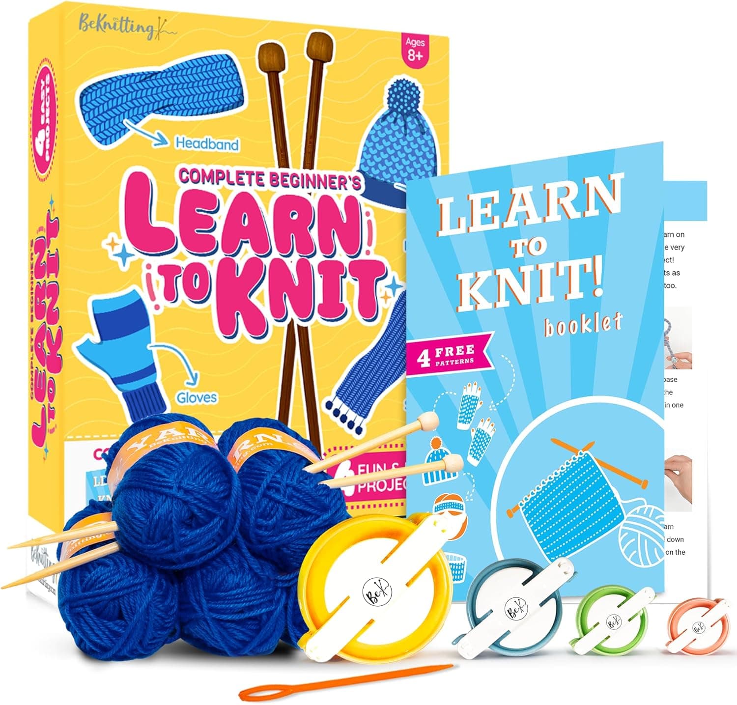 BeKnitting Knitting Kit for Beginners Adults & Kids - Yarn, Pompom Makers, Needles
