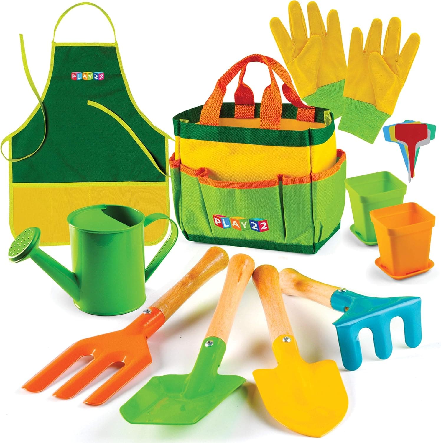 Play22 Kids Gardening Tool Set 12 PCS - Shovel, Rake, Fork, Trowel, Apron, Gloves, Watering Can and Tote Bag