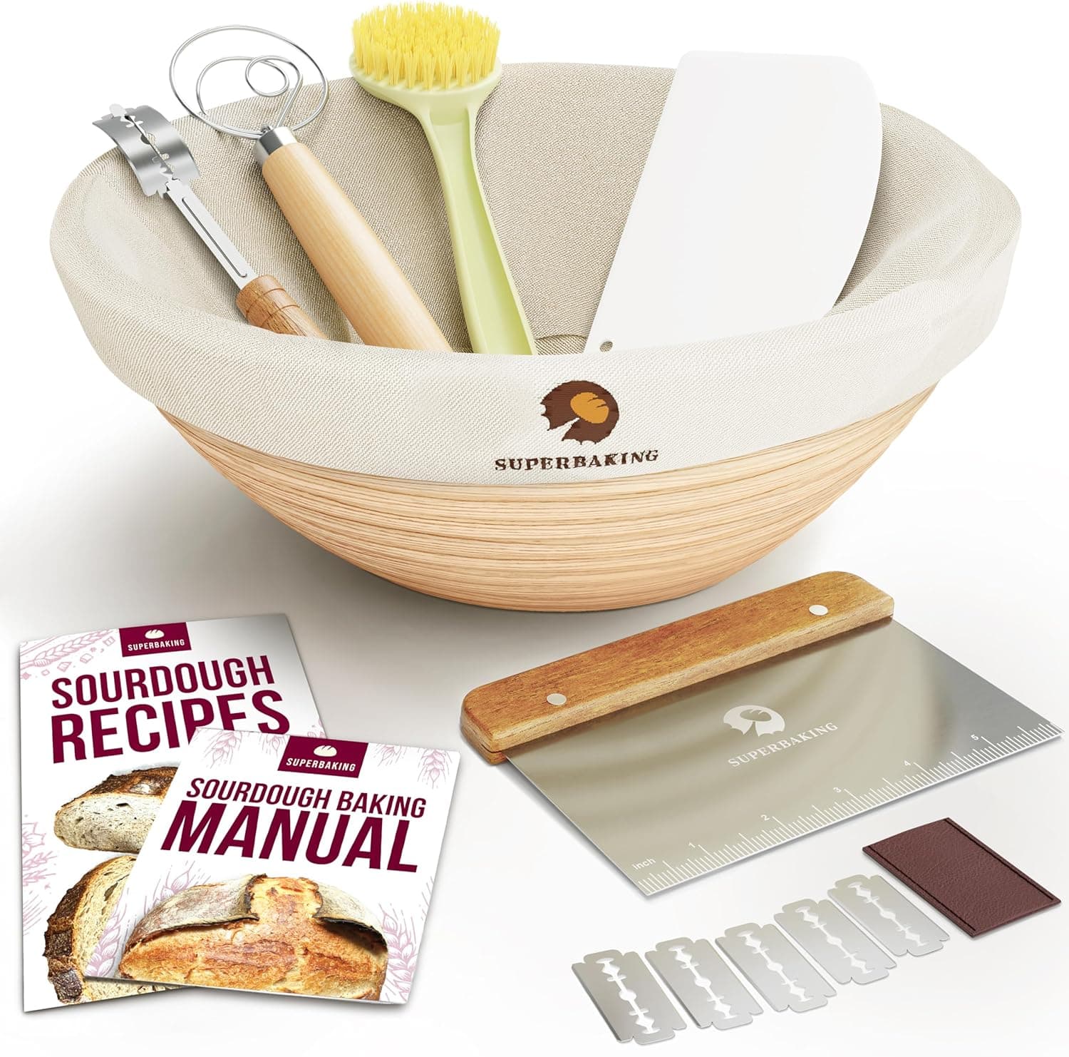 Superbaking Banneton Bread Proofing Basket, Sourdough Bread Baking Supplies, Round 9 Inch, Proofing Basket for Baking, Bread Making Supplies Tools, Banneton Basket Gift Set