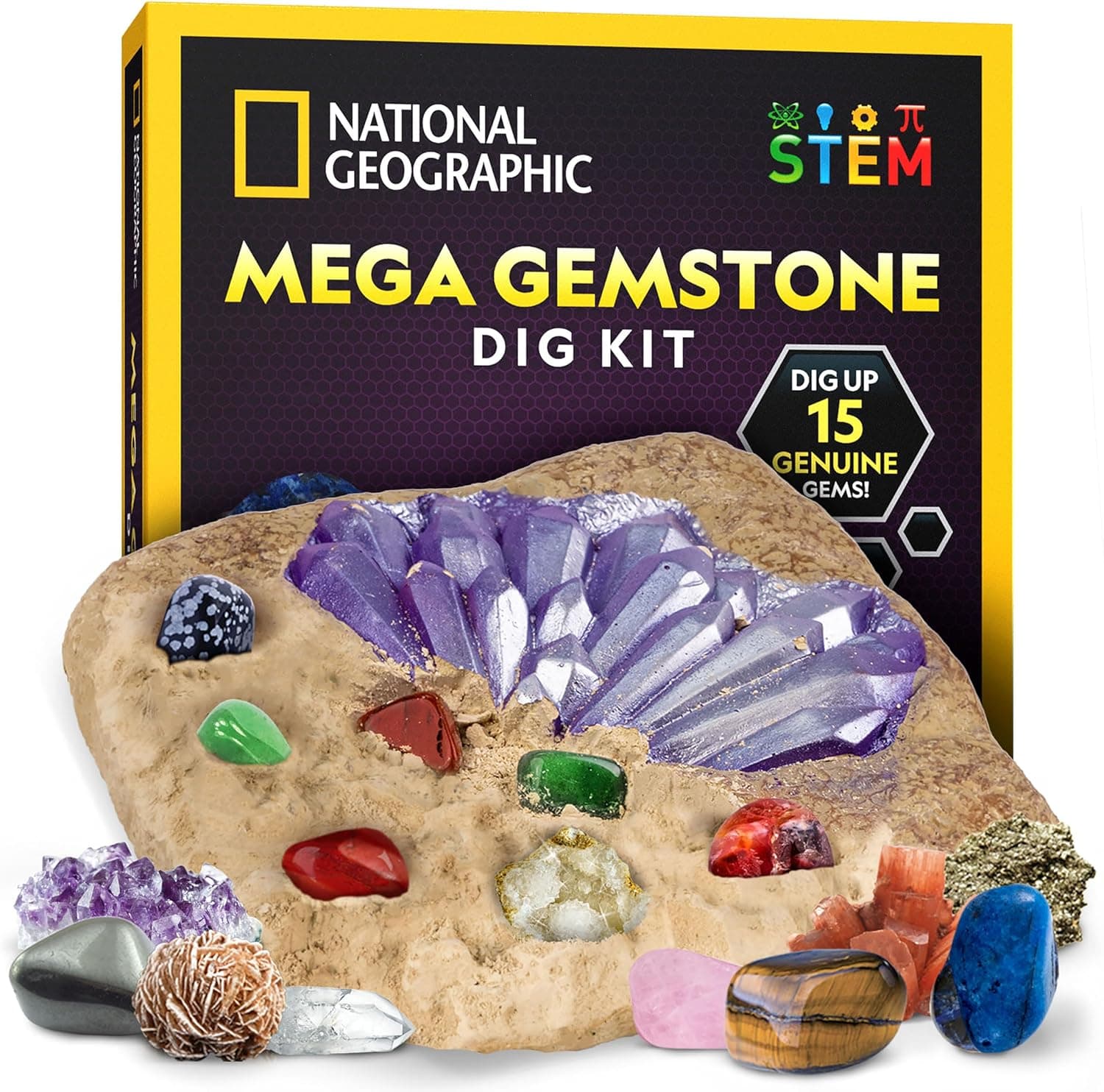 NATIONAL GEOGRAPHIC Mega Gemstone Dig Kit - Dig Up 15 Real Gemstones and Crystals, Science Kit for Kids