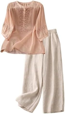 Linen 2 Piece Set – Embroidered Top & Wide Leg Pants